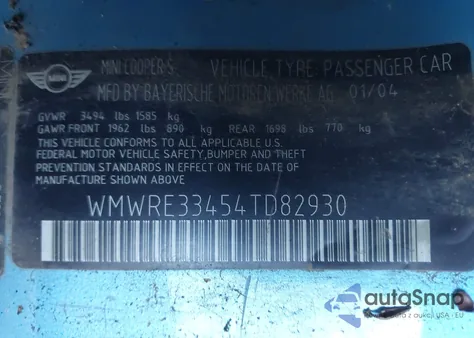 2004 Mini Cooper S z USA, uszkodzony, nr VIN WMWRE33454TD82930